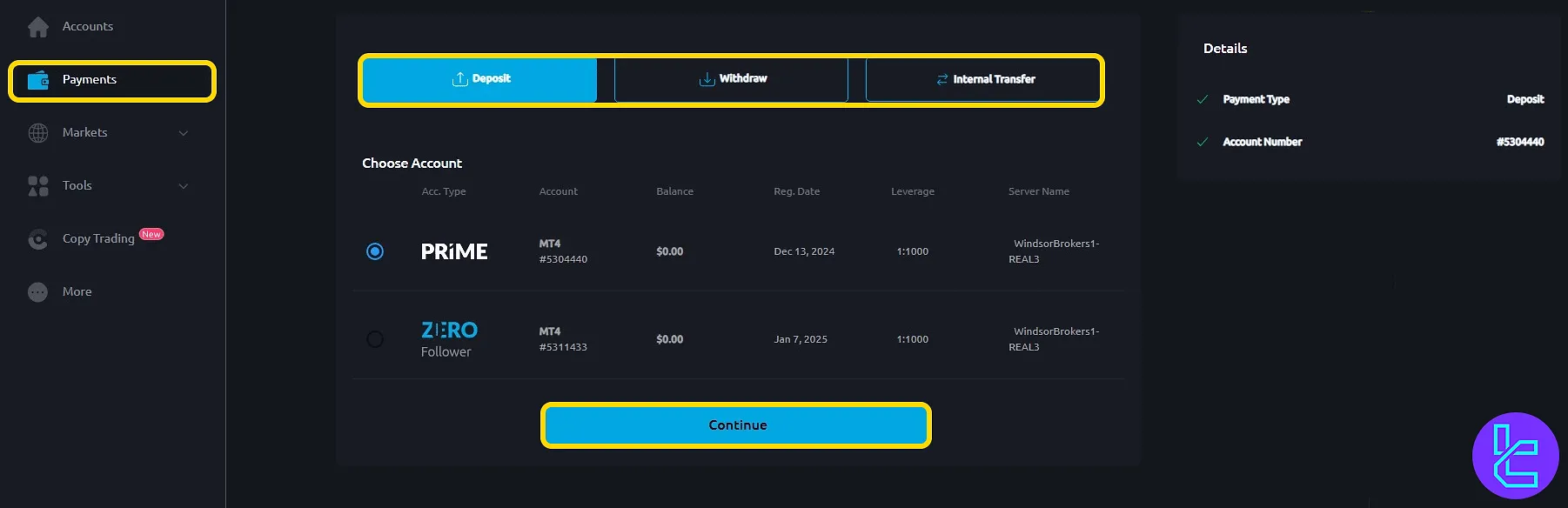 Windsor payment center with account selection and transfer tools in the dashboard