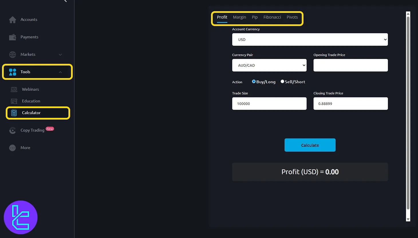 Windsor trading calculator interface with tab options