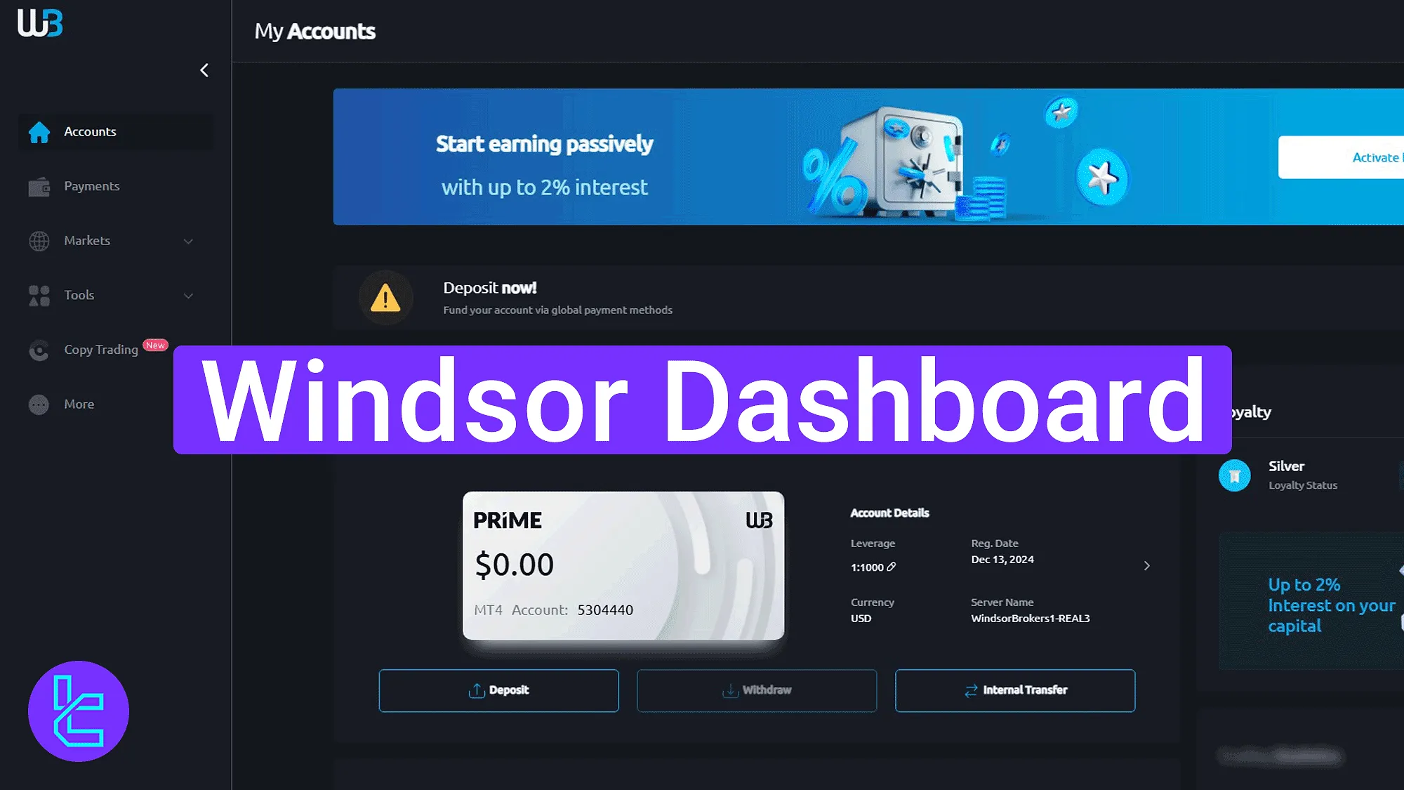 Windsor trading cabin overview with trading tools and account sections