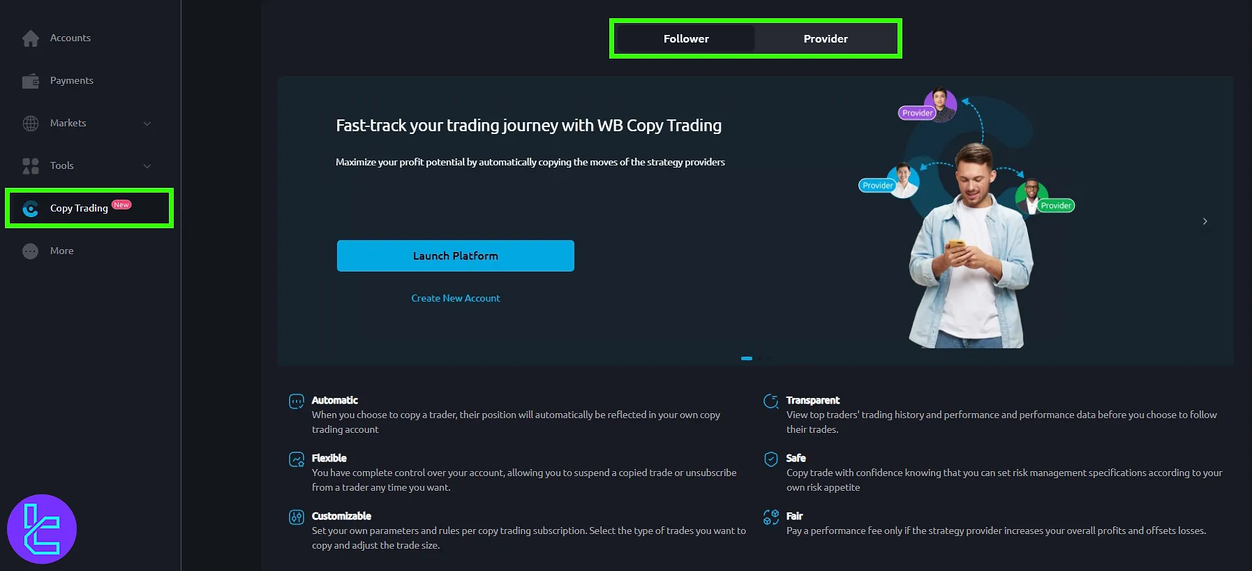 Windsor copy trading panel with strategy and provider access