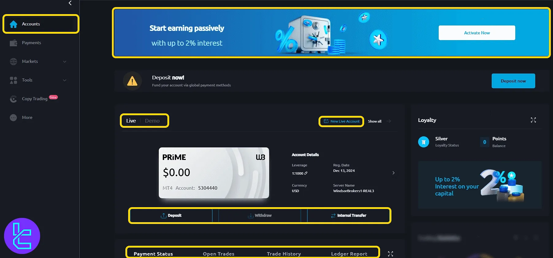 Windsor account view with transaction options and rewards in the trading panel