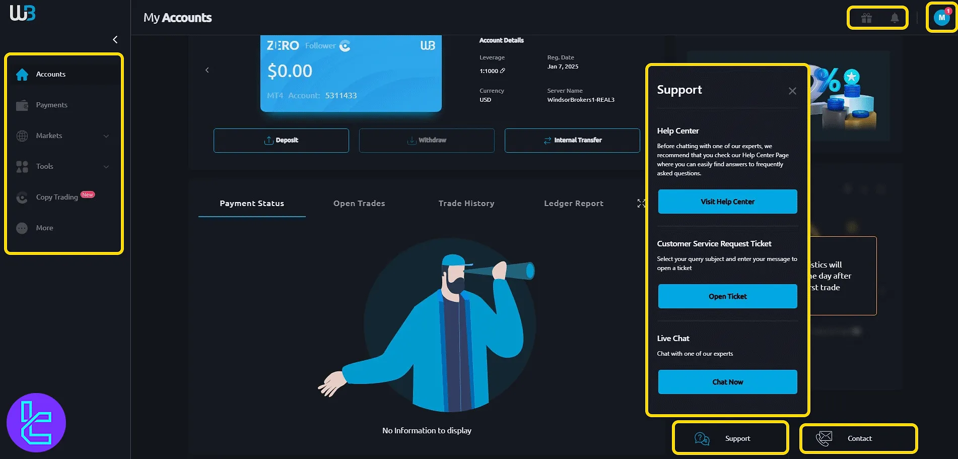 Windsor trading cabin main screen with menu and support icons