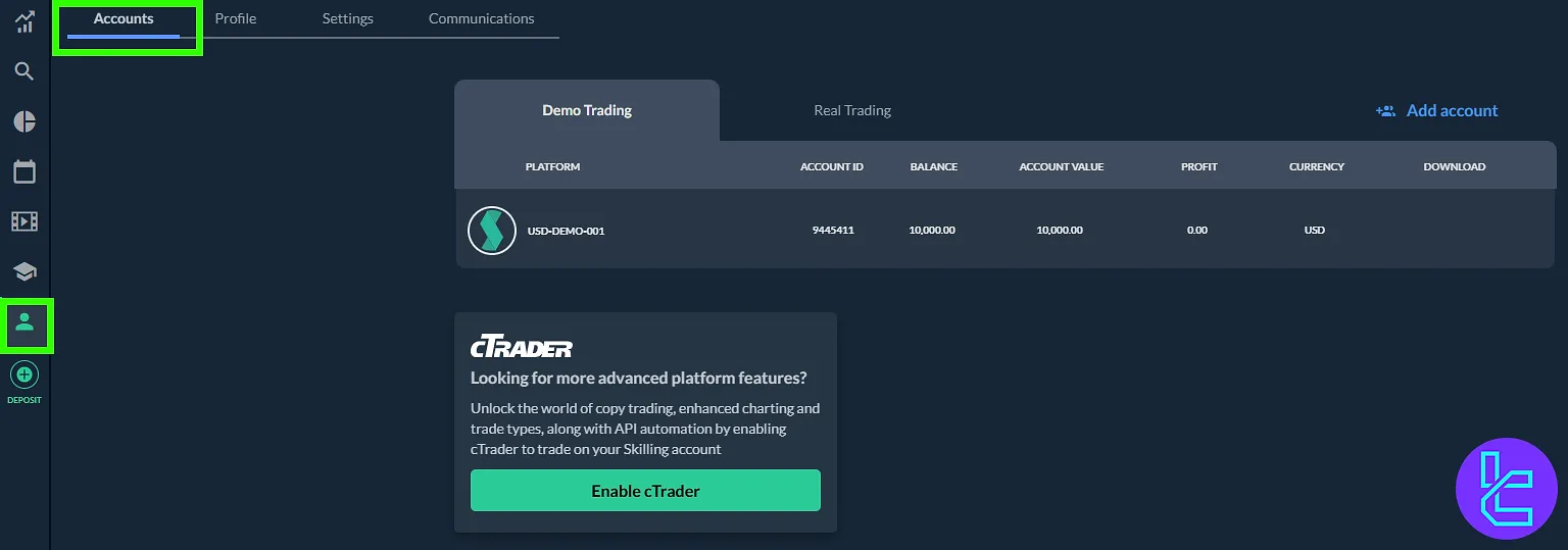 Skilling account panel with demo and real trading info