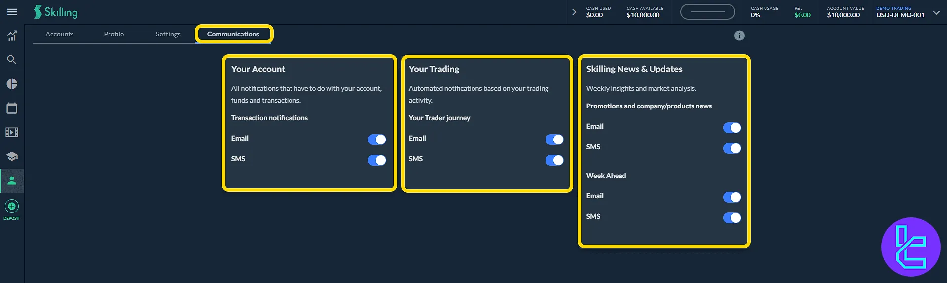 Skilling notification settings in the "Communication" panel