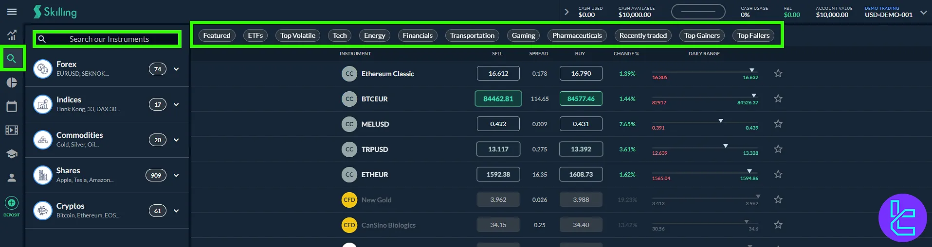 Skilling market panel with categorized asset list