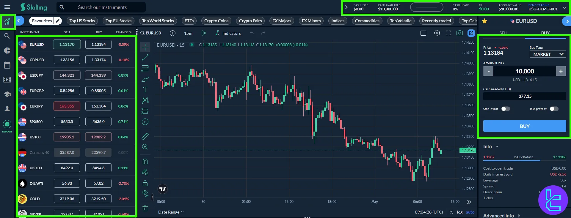 Skilling trading cabin with order tools and live charts