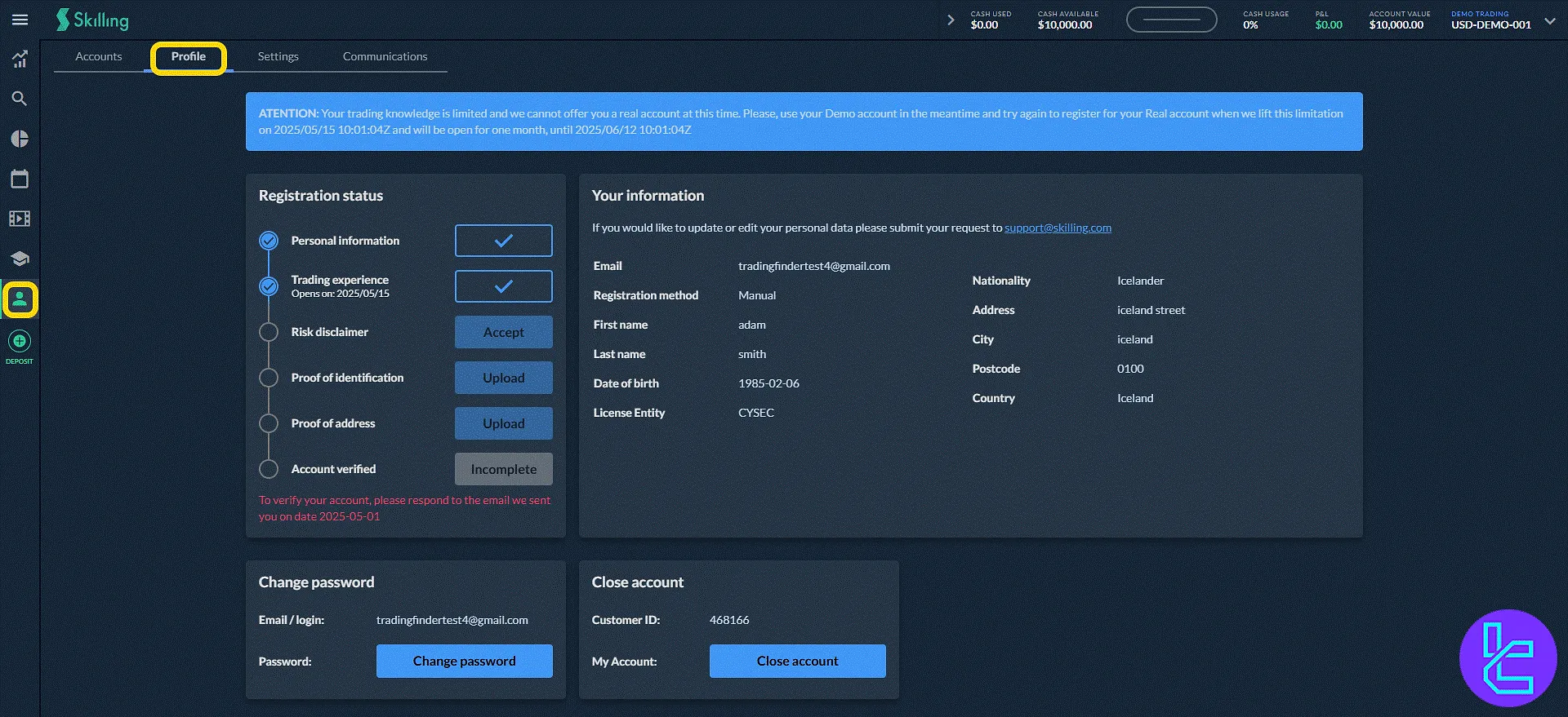 Skilling profile panel with personal info and verification