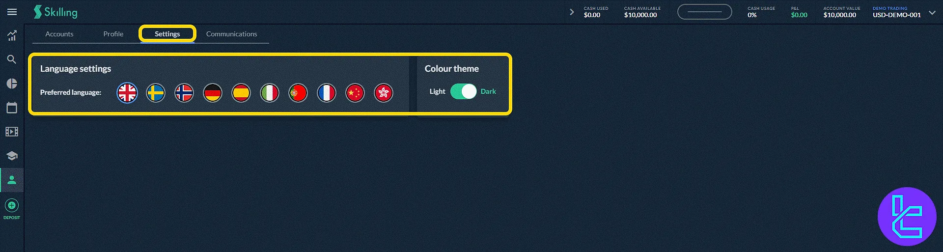 Skilling display panel with language and theme controls