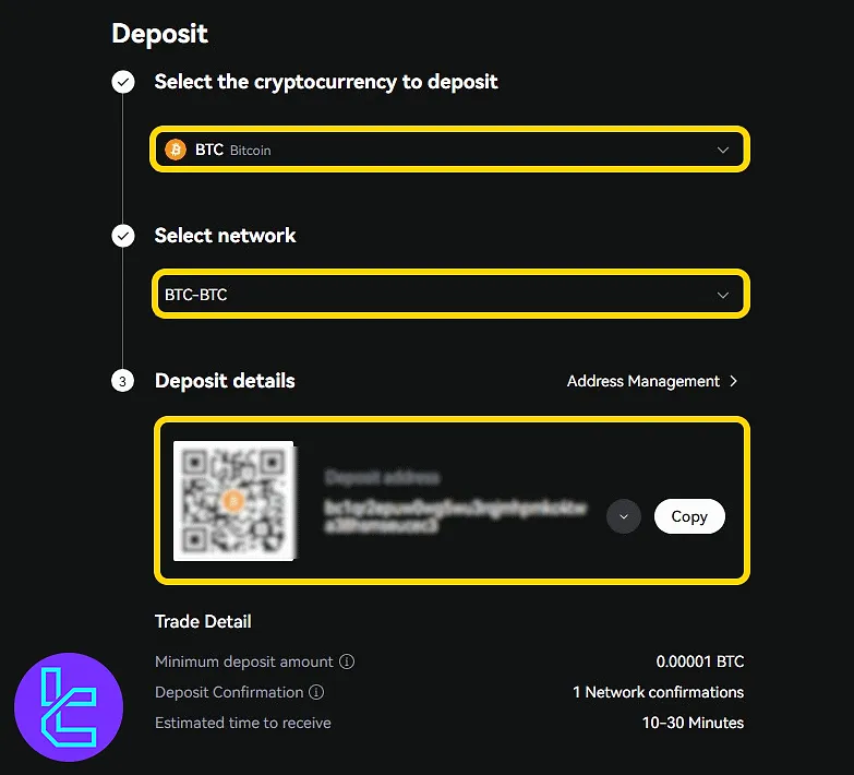 LBank network and wallet address selection for Bitcoin transfer