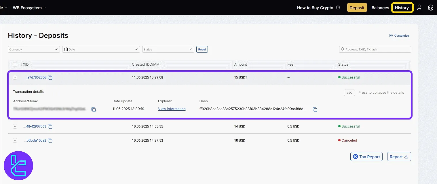 WhiteBIT TRC20 transaction successfully reflected in funding history