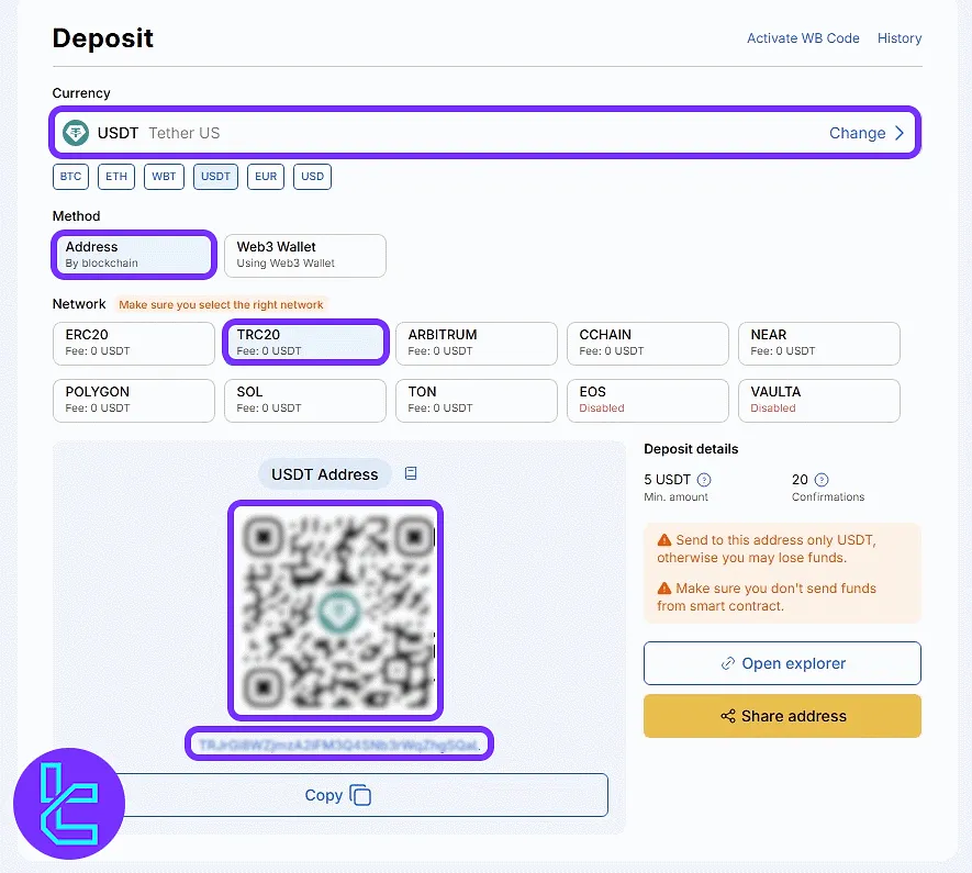 WhiteBIT TRC20 payment wallet selection and funding details