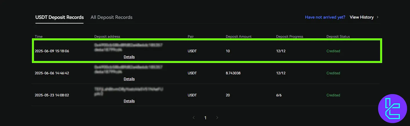 LBank ERC20 top-up status shown under USDT transaction records