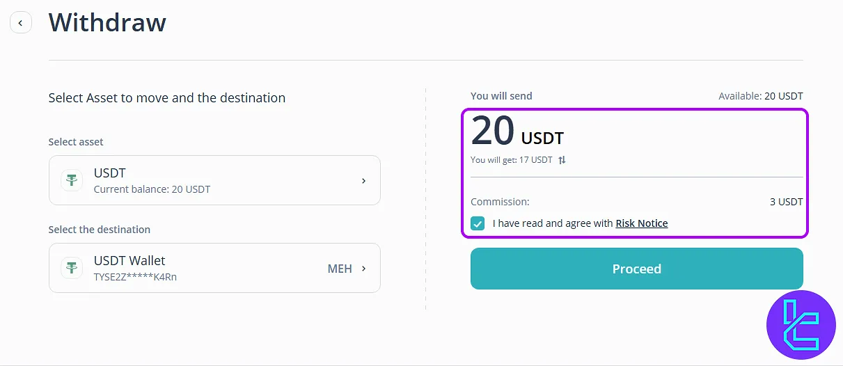 Enter the amount for CEX.io TRC20 cash out