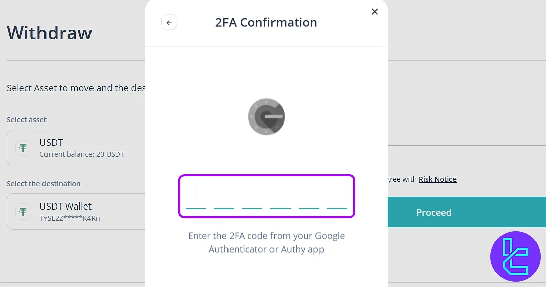 CEX.io TRC20 cash out 2FA confirmation
