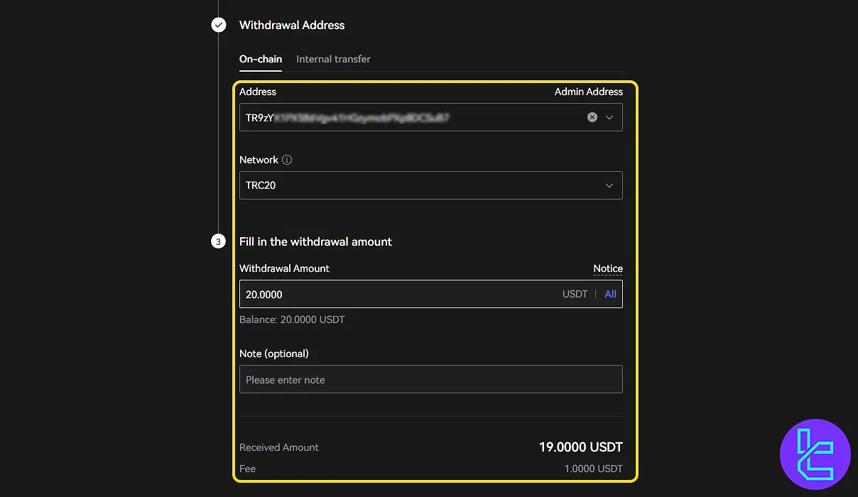 LBank TRC20 cash out address entry