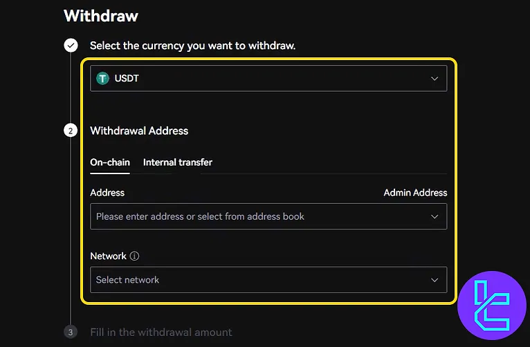 Selecting USDT and transfer type for LBank TRC20 cash out