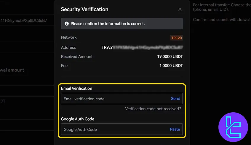 LBank TRC20 cash-out transaction confirmation