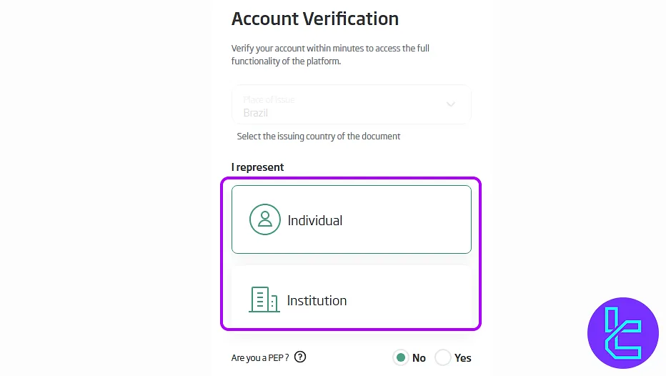 Account type options on the NovaDAX account setup screen