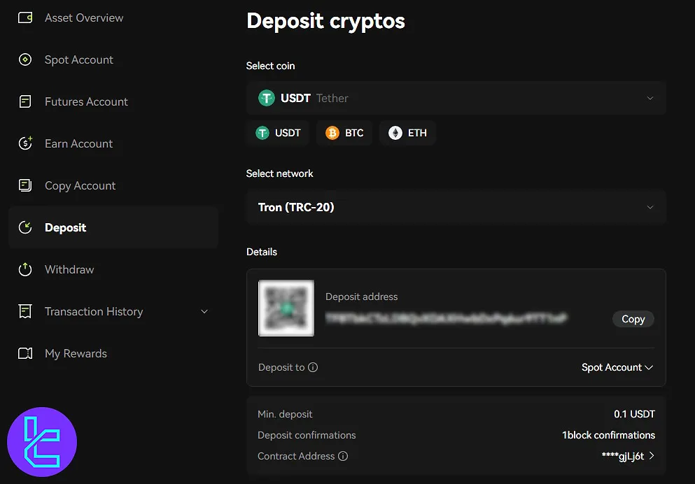 Bitunix TRC20 deposit page