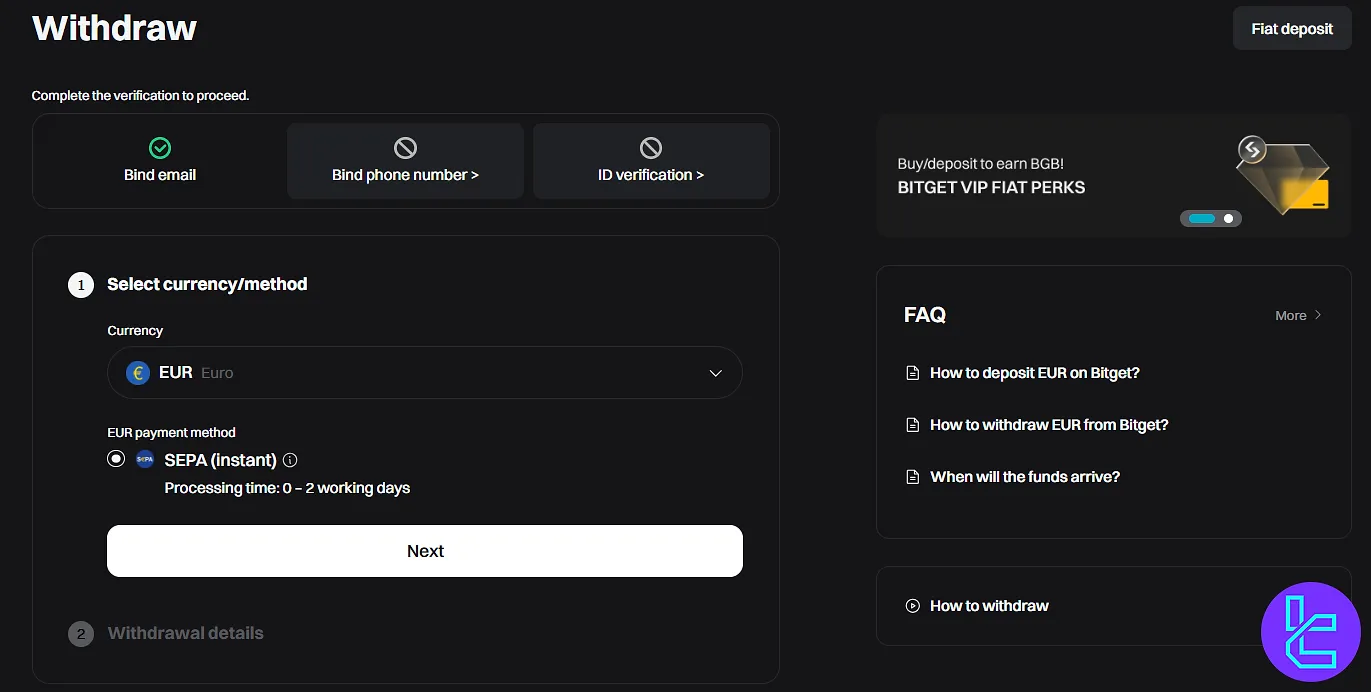 Bitget fiat cash out page