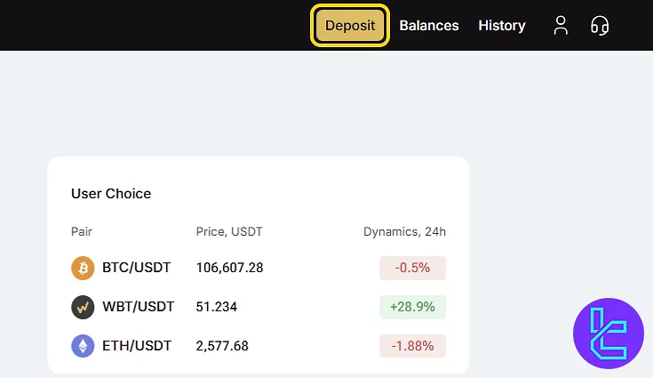 WhiteBIT ERC20 top-up from the dashboard