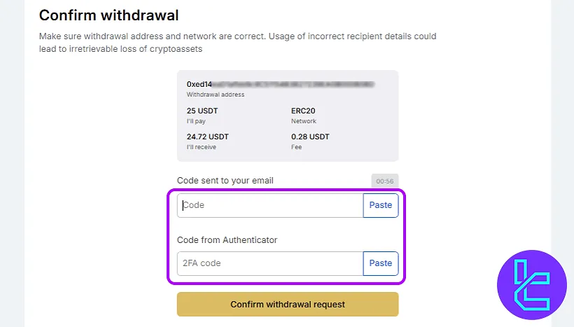 WhiteBIT ERC20 pay out 2FA and email verification