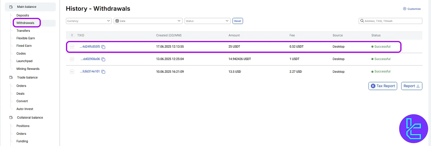 WhiteBIT ERC20 payout in the transaction history