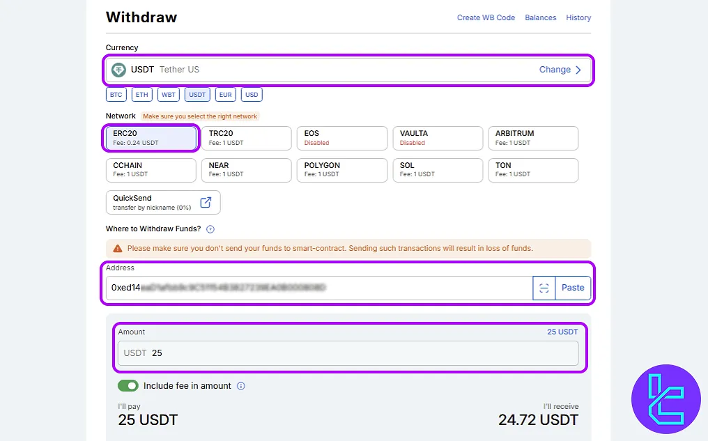 Enter wallet address and confirm WhiteBIT ERC20 cash out