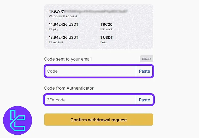 Verify WhiteBIT TRC20 payout with email and 2FA codes