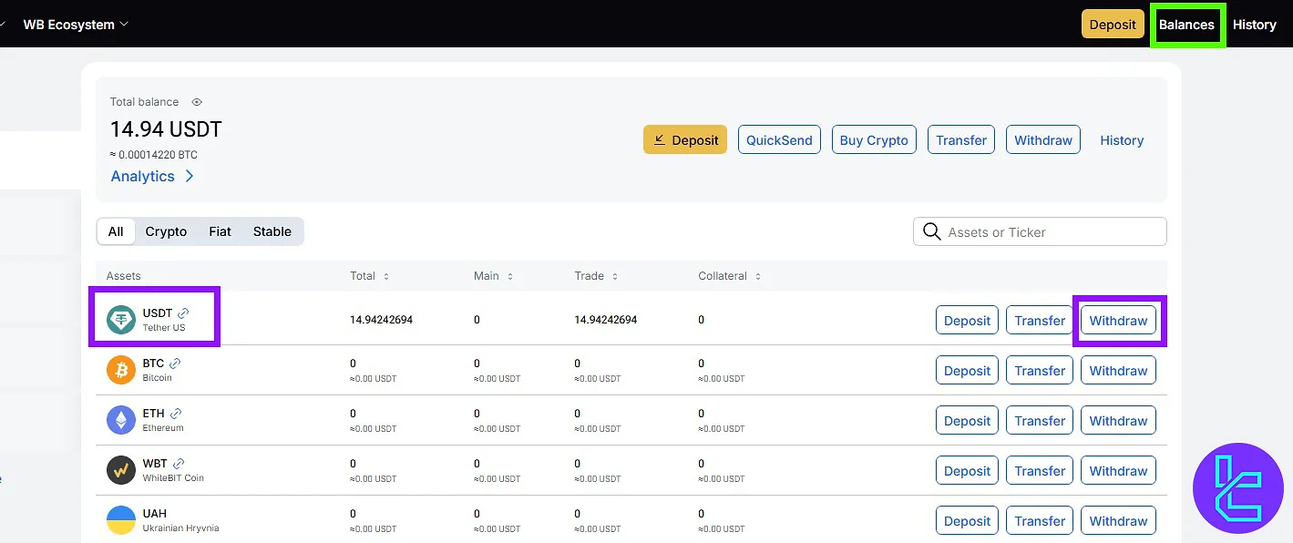 WhiteBIT ERC20 payout from the assets list