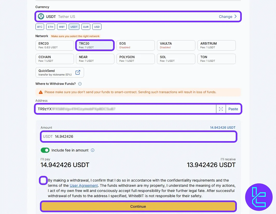 WhiteBIT TRC20 payout page