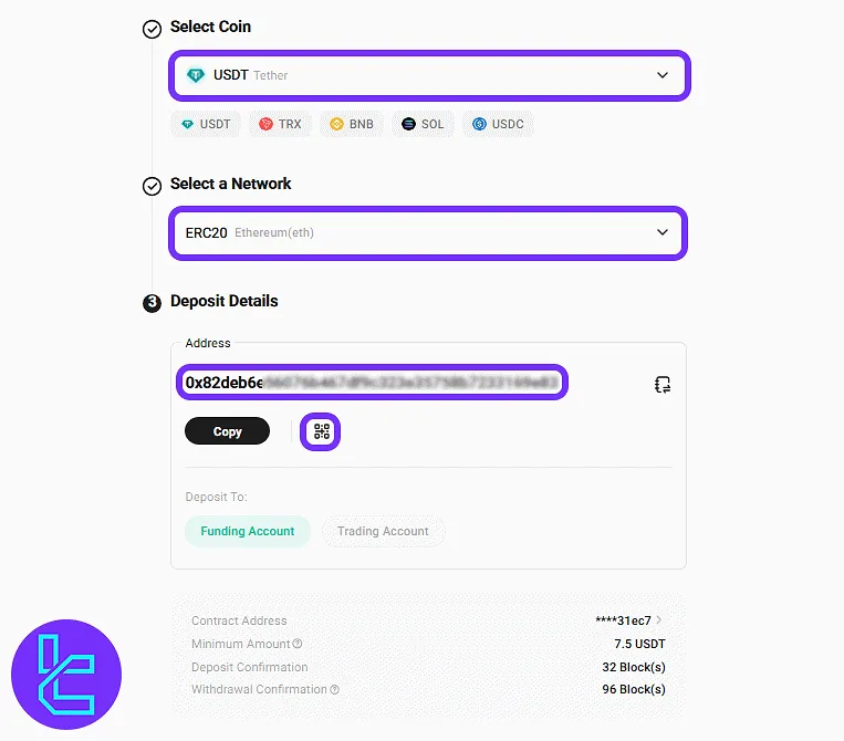 KuCoin ERC20 top-up page with token and network selection