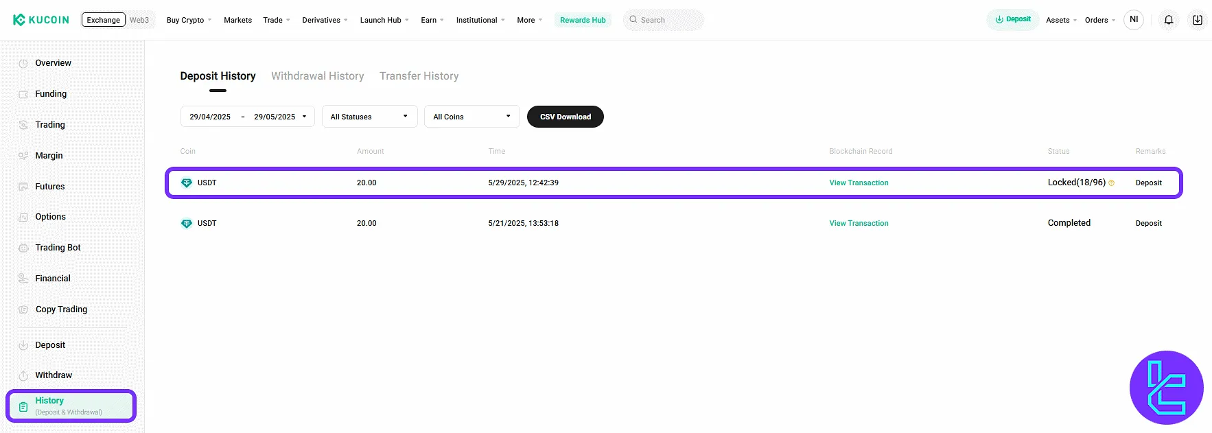 KuCoin ERC20 transaction records displayed in the funding history