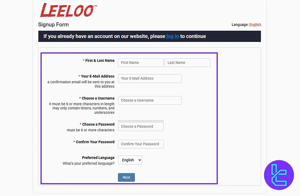 Leeloo Trading Signup Form