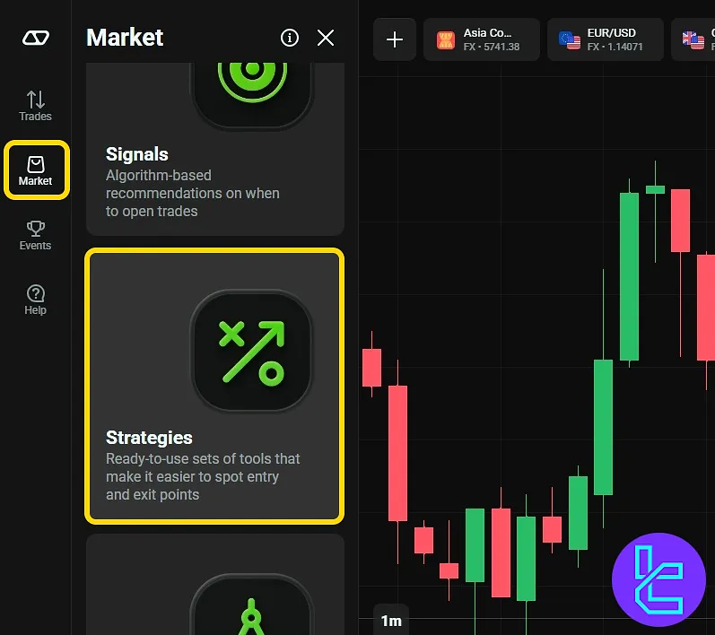 Navigating to the Strategies section via the OlympTrade Market tab
