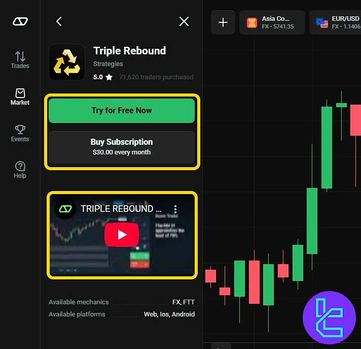 Option to try or subscribe to a strategy in the OlympTrade