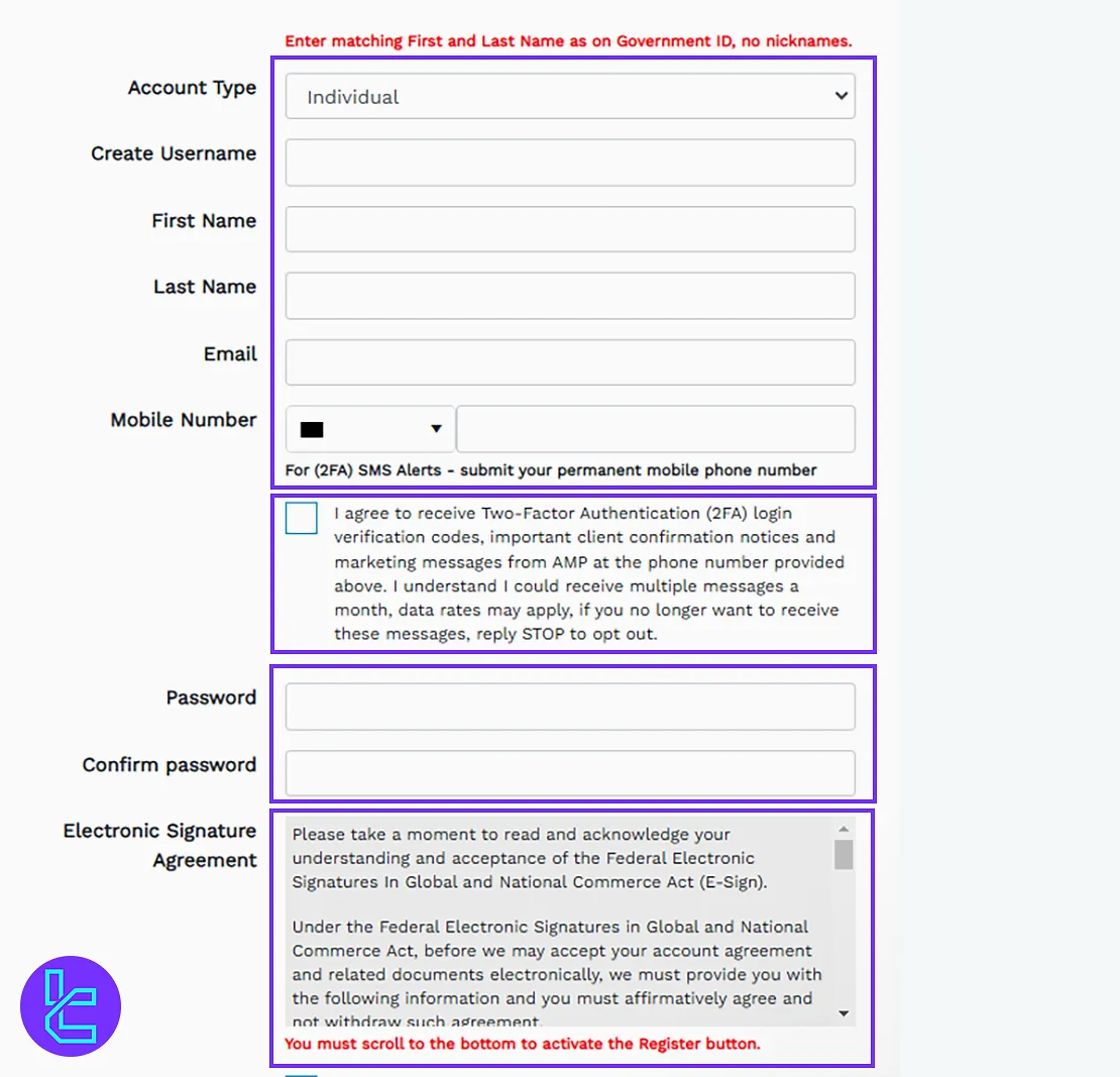 AMP Futures account opening form