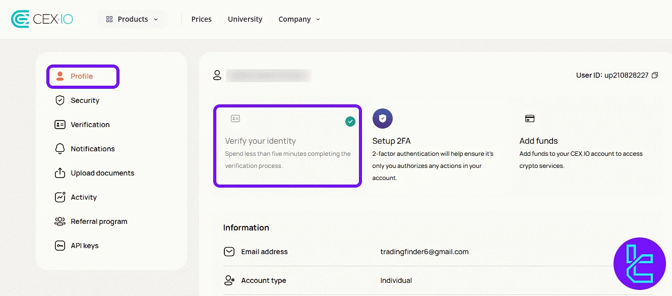 CEX.io dashboard showing successful user authentication