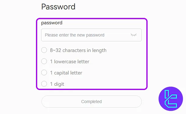Password account setup screen during Hibt account setup