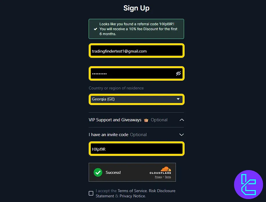 BitMEX user signup form with email, password, country, invite code, and agreement checkbox