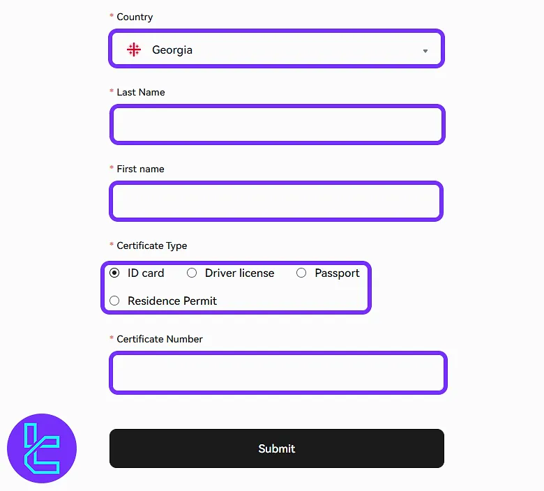 Document form fields in the Toobit identity check panel