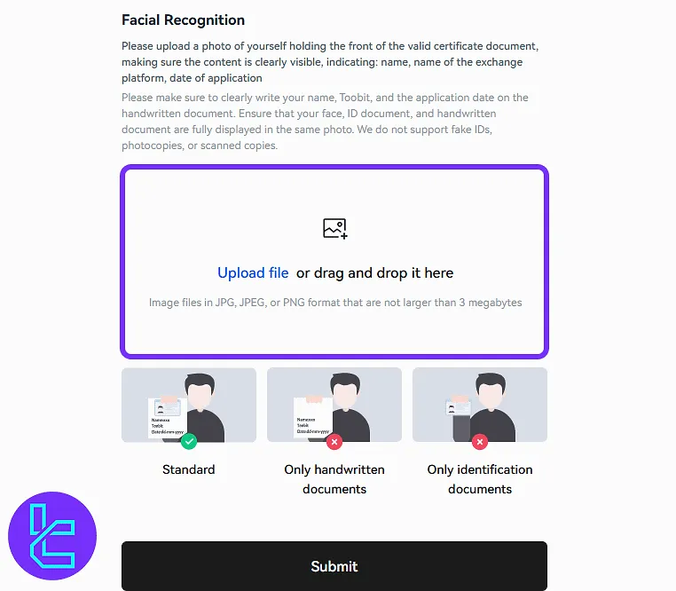 Selfie upload panel with identity confirmation instructions in the Toobit KYC process