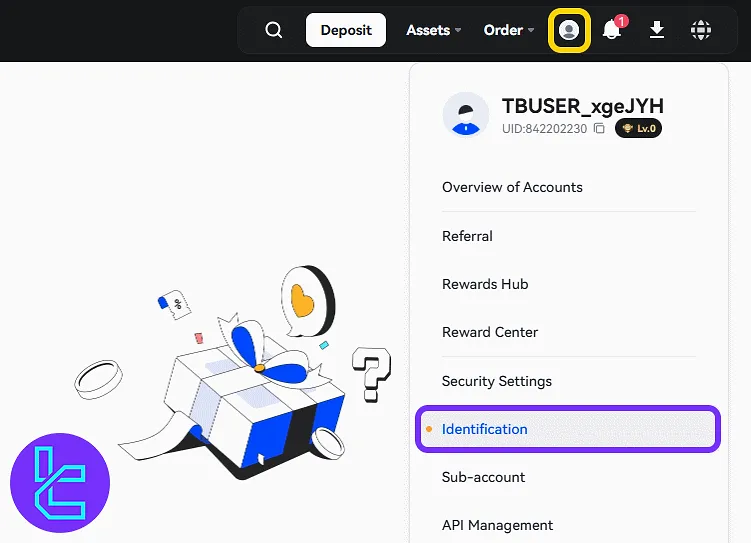 Profile menu on the Toobit showing identity confirmation option