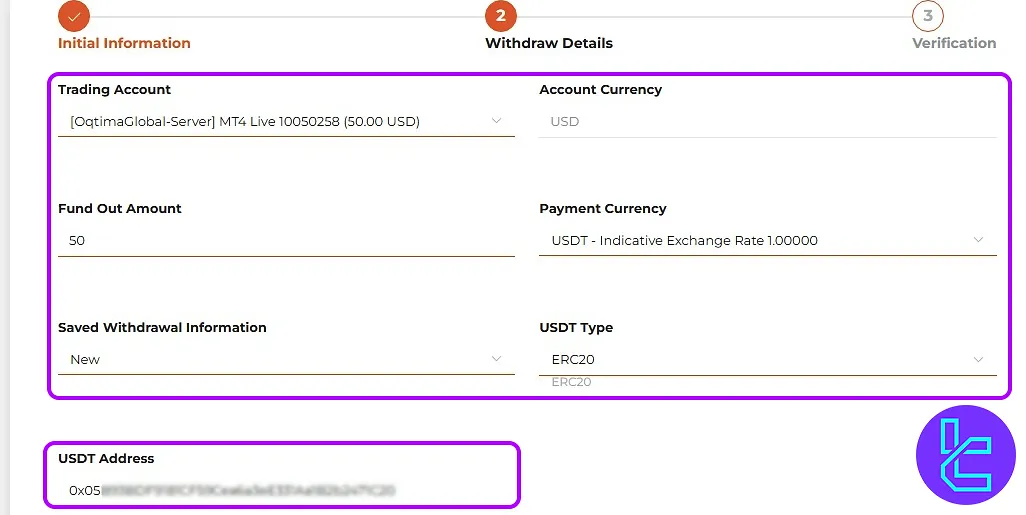 Entering details and verifying wallet in OQtima ERC20 payout