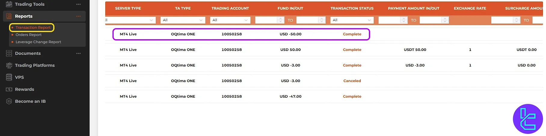 Transaction report for OQtima ERC20 payout