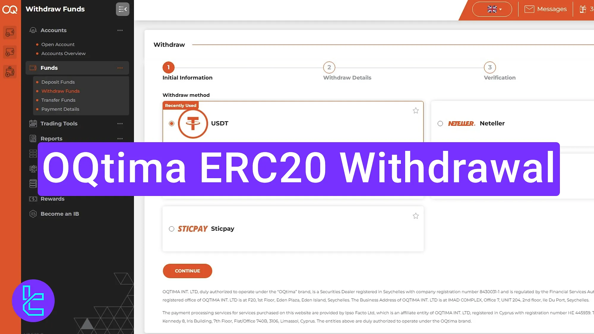 OQtima ERC20 cash out Step-by-Step process