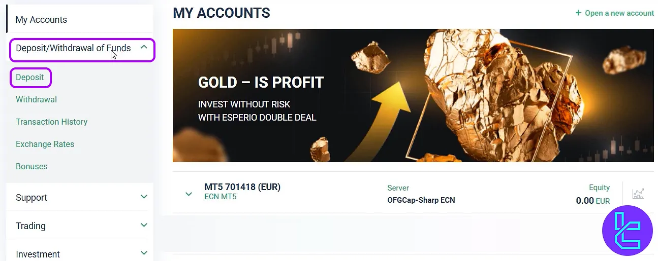Esperio ERC20 Funds menu