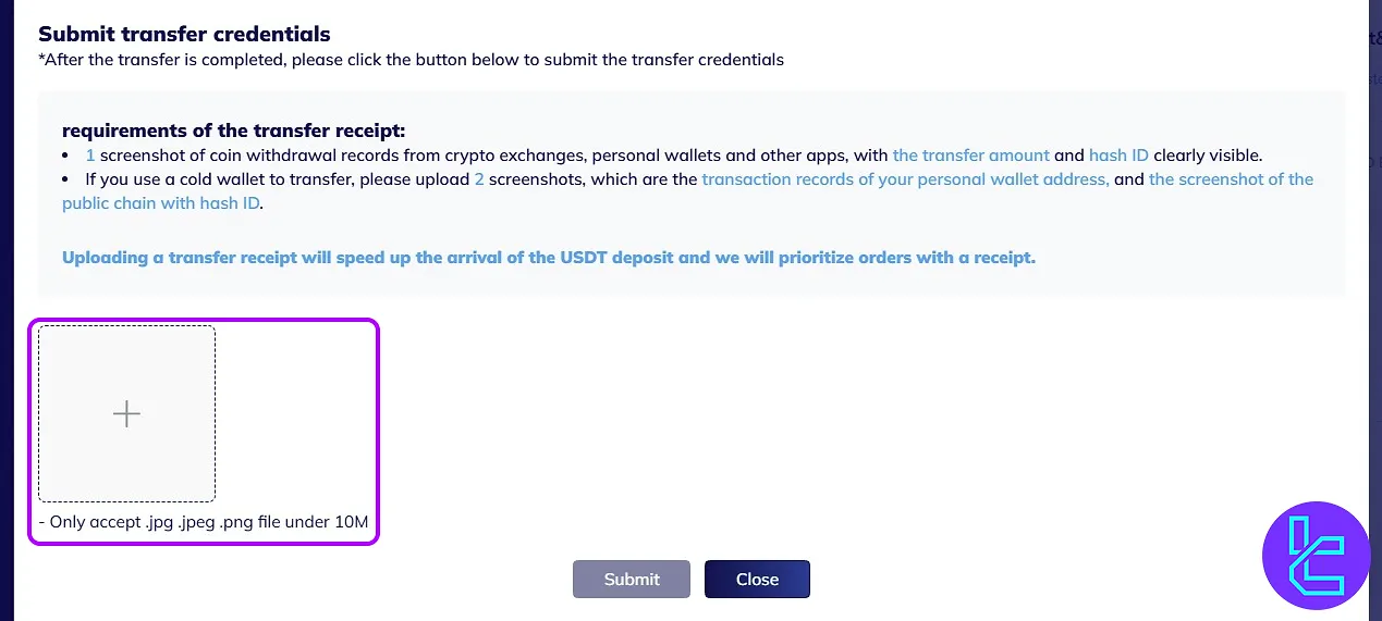 TMGM ERC20 funding receipt upload