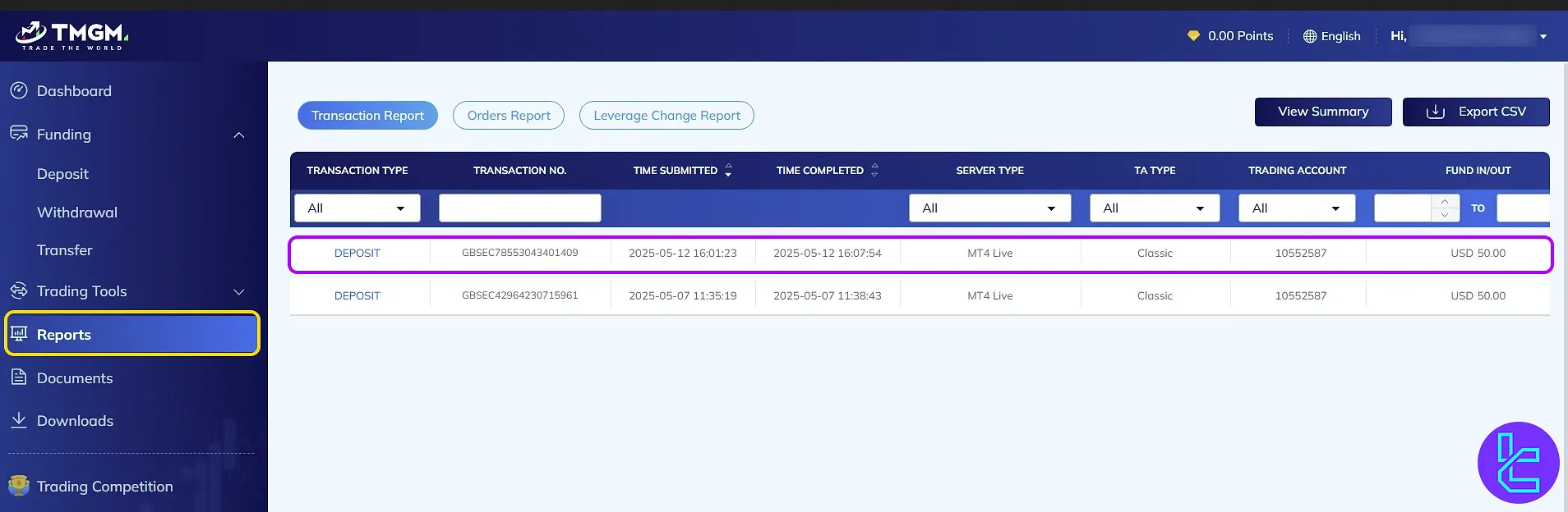 TMGM ERC20 transaction Reports section