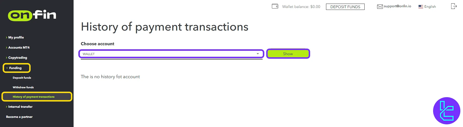 OnFin panel payment transaction history screen